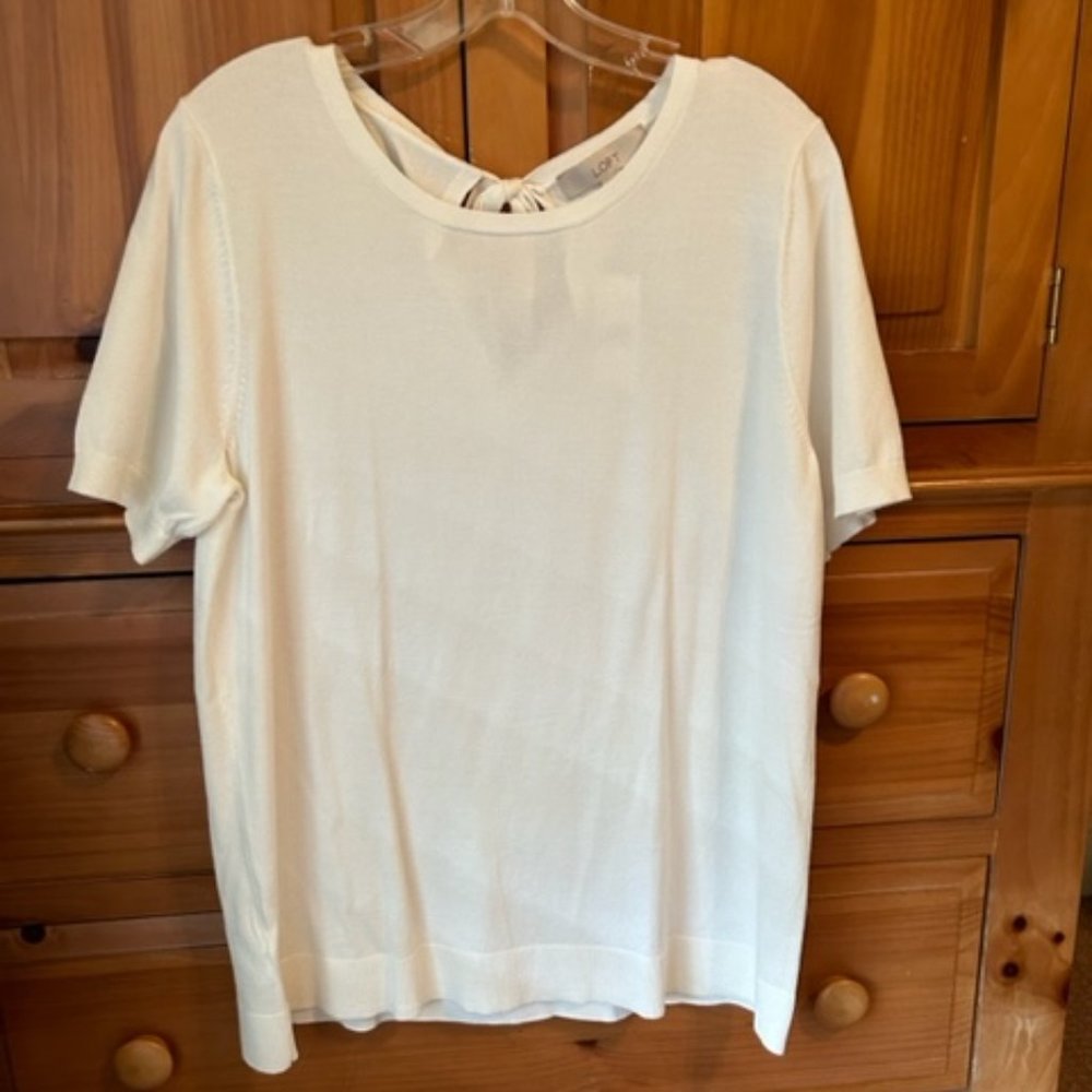LOFT | White Short Sleeve Sweater with Tie Back Closure